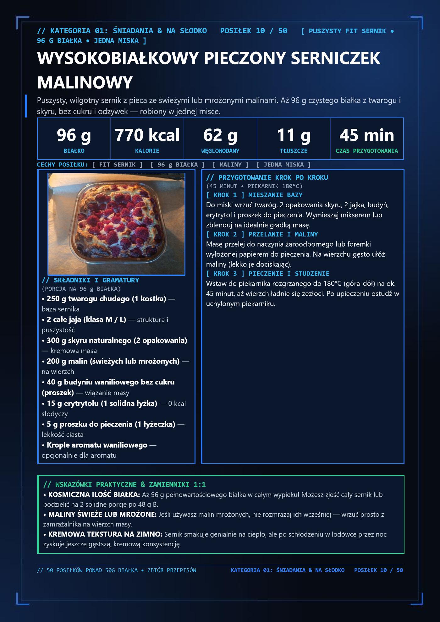 Posiłek 10: Wysokobiałkowy pieczony serniczek malinowy (96g białka, 770 kcal)